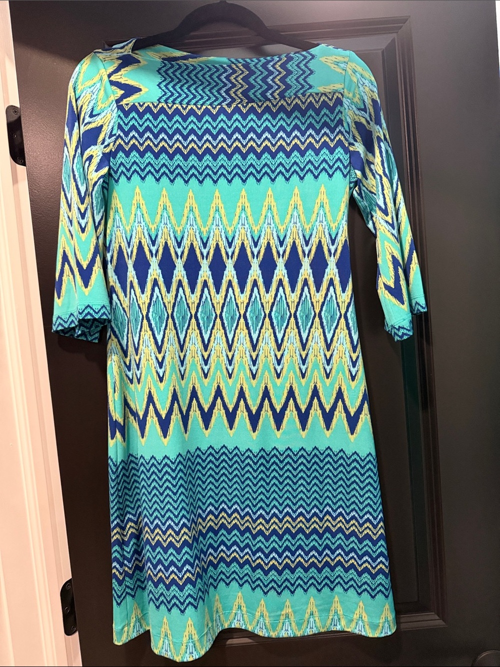 Donna Morgan Teal, Navy & Lime Zigzag Print Dress